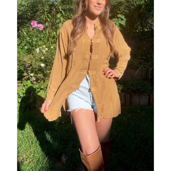 Vintage embroidered tunic — caramel + gold (fits S–L) Festival Boho - Picture 1 of 11